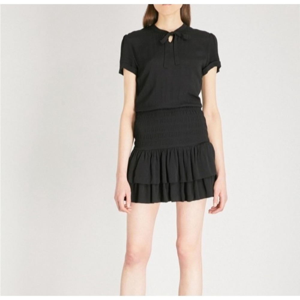 Maje Roboa‎ Ruffle Short Sleeve Mini Dress Necktie Accent Smocked Black  US 2-4